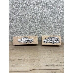 Set Of 2 Unbranded Wood Mounted Rubber Stamps Vintage Car